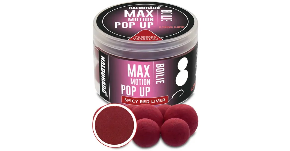 Bestel Nu Haldorádó MAX MOTION Boilie Pop Up 16, 20 mm - Fűszeres Vörös Máj 50g
