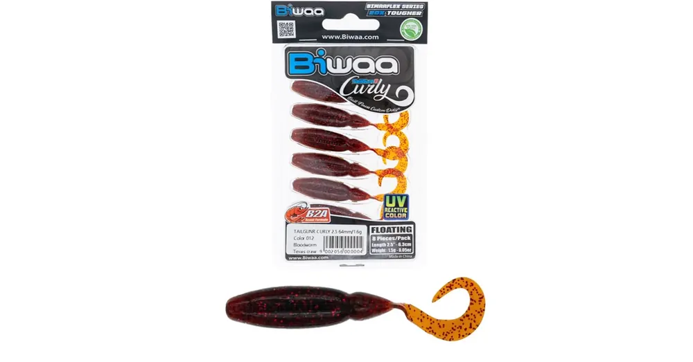 Biwaa TailGunR Curly 2,5" 6,3cm Bloodworm Texas Craw 012 gumihal 8 db/csg Actieprijs
