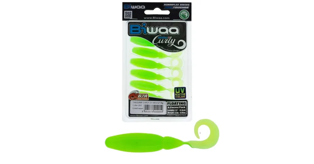 Finale Uitverkoop Biwaa TailGunR Curly 2,5" 6,3cm Limetreuse 202 gumihal 8 db/csg