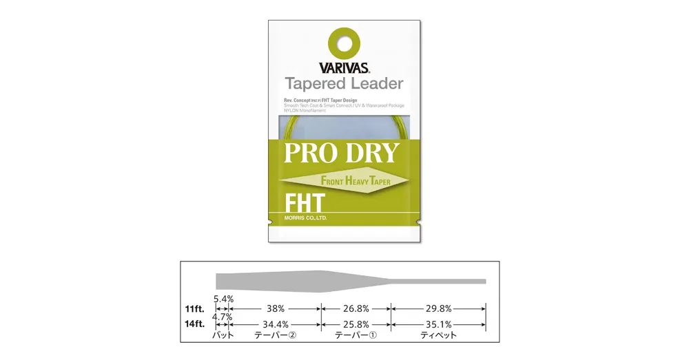 Superprijs Varivas Tapered Leader Pro Dry FHT 4X 3,35m 11ft 0,165mm-0,42mm vékonyodó legyező előkezsinór