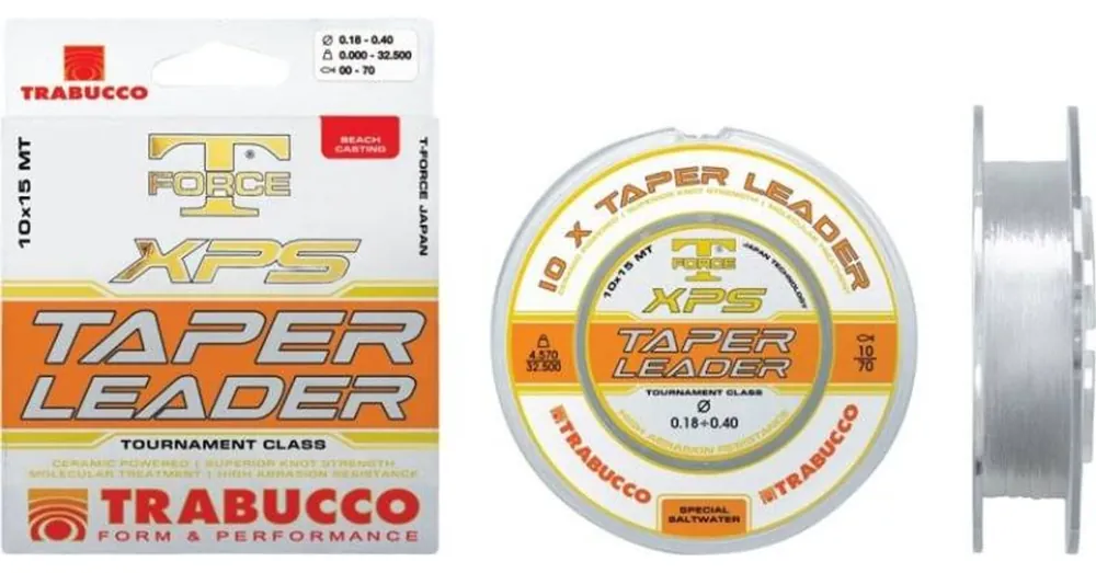 Trabucco T-Force Xps Taper Leader 10*15m 0,57-0,20mm elvékonyodó távdobó monofil előkezsinórzsinór Merkproduct