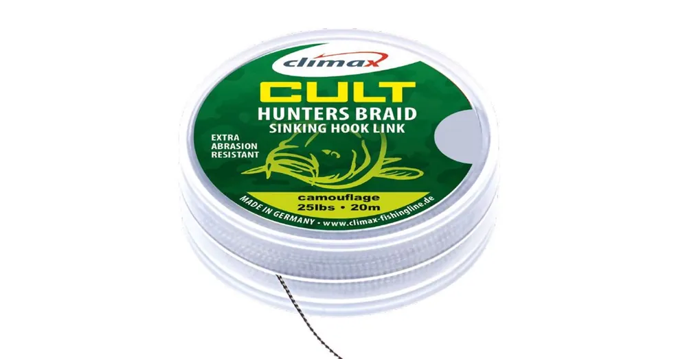 Gereduceerde Prijs Climax Cult Carp Huntersbraid Sinking Hooklink 20m 45lb Weed Green pontyozó fonott előkezsinór