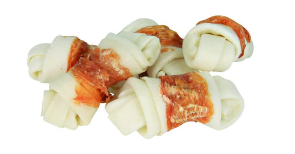 Tijdelijk Beschikbaar Trixie Denta Fun Knotted Chicken Chewing Bone - jutalomfalat (csomózott csont csirkével) 5cm (5db/70g)