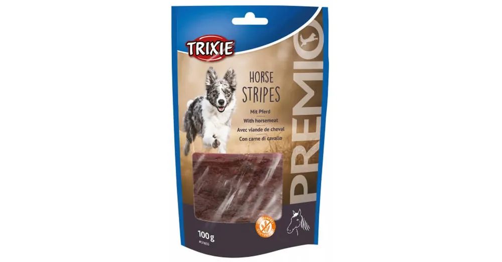 Weekendaanbieding Trixie Premio Horse Stripes - jutalomfalat (ló) kutyák részére (11cm/100g)