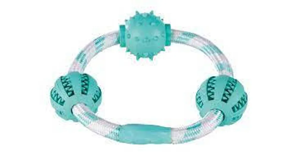 Goedkoop Trixie Denta Fun Playing Rope Ring with Balls - játék (fogtisztítós, labda kötéllel) kutyák részére (Ø20cm)